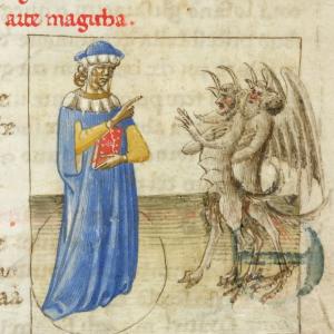 5. Zoroaster presented as the founder of the magic art, inside a circle, subjugating two demons (London, British Library, MS Yates Thompson 28, f. 51r, Florence, 1425).