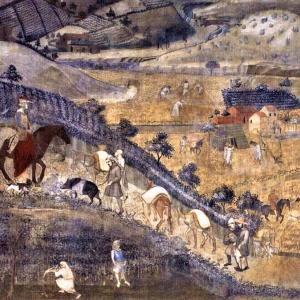 3. Moviment d'animals que entren i surten a la ciutat. Ambrogio Lorenzetti, 'Effettidel buon governo in campagna'. Siena, Palazzo Pubblico, Sala dei Nove (1338-1340).