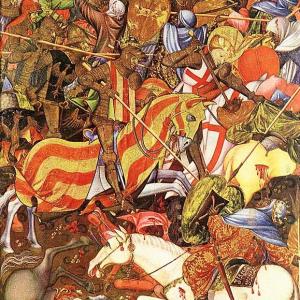 10. Cavalls ferits en la guerra. Batalla del Puig. Marçal de Sax, Retaule de Sant Jordi o del Centenar de la Ploma. Londres, Victoria & Albert Museum (1405).