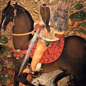 15. Cavaller amb falcó i canilla. Jaume Ferrer II, Sant Julià, al Retaule de Sant Julià d'Aspa. Lleida, Museu de Lleida (mitjan s. XV).