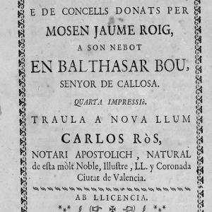 7. Portada de la quarta edició impresa de l''Espill', a cura de Carles Ros (València, Josep Garcia, 1735)