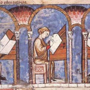 15. Copistes treballant, al 'Libro de los juegos' d'Alfons X el Savi (El Escorial, ms. T-I-6, s. XIII).