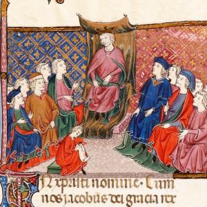 3. Jaume II presidint les corts de Lleida de 1302, en un manuscrit de le 'Constitucions de Catalunya' (París, BnF, ms. Lat. 4670A, f. 219r, s. XIV-XV).