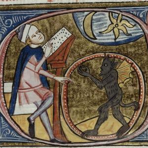 2. An astrologer looking at the sky with a demon inside a circle (London, British Library, MS Royal 6 E VI, f. 396v, London, c. 1360-1375).