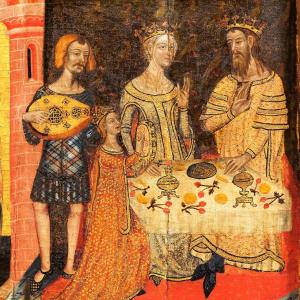 4. A royal meal and feast at court. The image shows the dance of Salome, but reflecting the Catalan court of the period, with King Peter the Ceremonious, Eleanor of Sicily and the 'infanta' Eleanor of Aragon, plus a troubadour or minstrel (altarpiece of the Saints John, from Santa Coloma de Queralt, MNAC, around 1356).