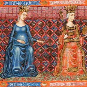 7. Blanche of Anjou with the daughters of Charles II of Naples and Mary of Hungary (left), in the 'Anjou Bible' (Catholic University of Leuven, Maurits Sabbebibliotheek, MS 1, around 1340).