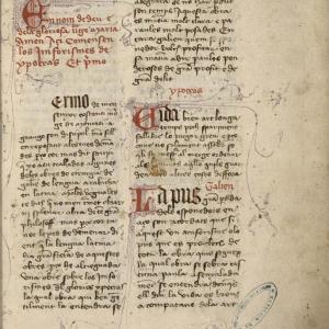 10. Manuscript of Catalan translation A of Hippocrates’ 'Aphorisms', with Galen’s commentary (Bordeaux, Bibliothèque municipale, MS 568, f. 1r, first half of the 15th C).