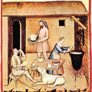 18. Food and drink are the third of the “non-natural things”. Cheese-making in a manuscript of the 'Tacuinum sanitatis' (Rome, Casanatense Library, MS 4182, 14th C).